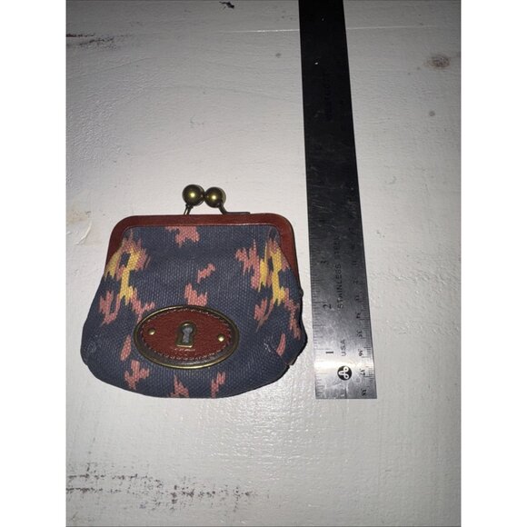 VTG Fossil Kisslock Key-Per Coin Purse Canvas Aztec Leather Accent - Picture 9 of 14